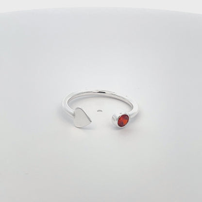 925 Silver Adjustable Ring with Heart and Red Stone
