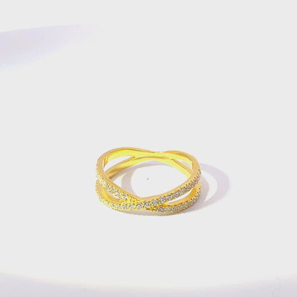 925 Silver 14K Yellow Gold-Plated Criss-Cross Ring with Zircon Accents