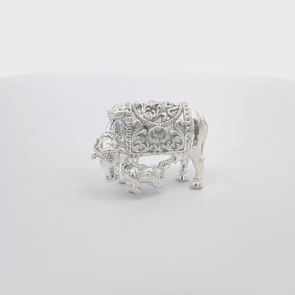 925 Silver Large Cow and Calf Idol – Ornate Design