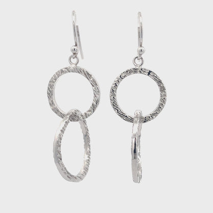 925 Silver Textured Double Circle Drop Earrings