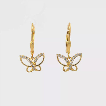 925 Silver Gold-Plated Butterfly Drop Earrings with Cubic Zircon Stones