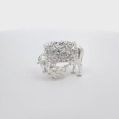 925 Silver Small Cow and Calf Idol – Ornate Design