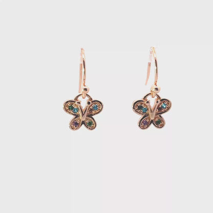 925 Silver Rose Gold-Plated Butterfly Drop Earrings with Multicolor Zircon Stones
