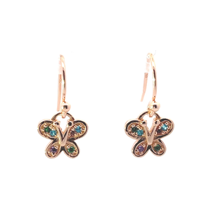 925 Silver Rose Gold-Plated Butterfly Drop Earrings with Multicolor Zircon Stones
