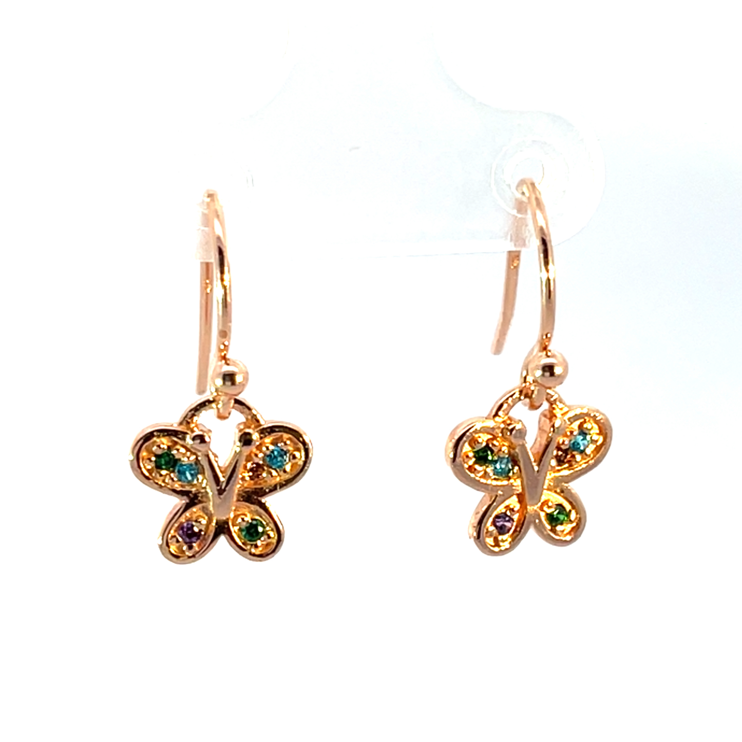 925 Silver Rose Gold-Plated Butterfly Drop Earrings with Multicolor Zircon Stones