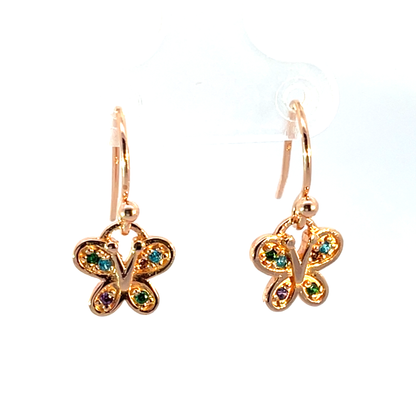 925 Silver Rose Gold-Plated Butterfly Drop Earrings with Multicolor Zircon Stones